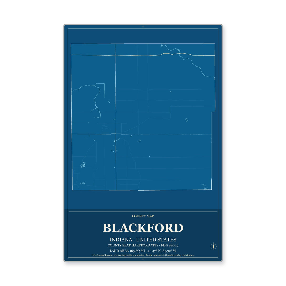 Blackford County, Indiana Map Aluminum Sign in Harbor Cobalt style