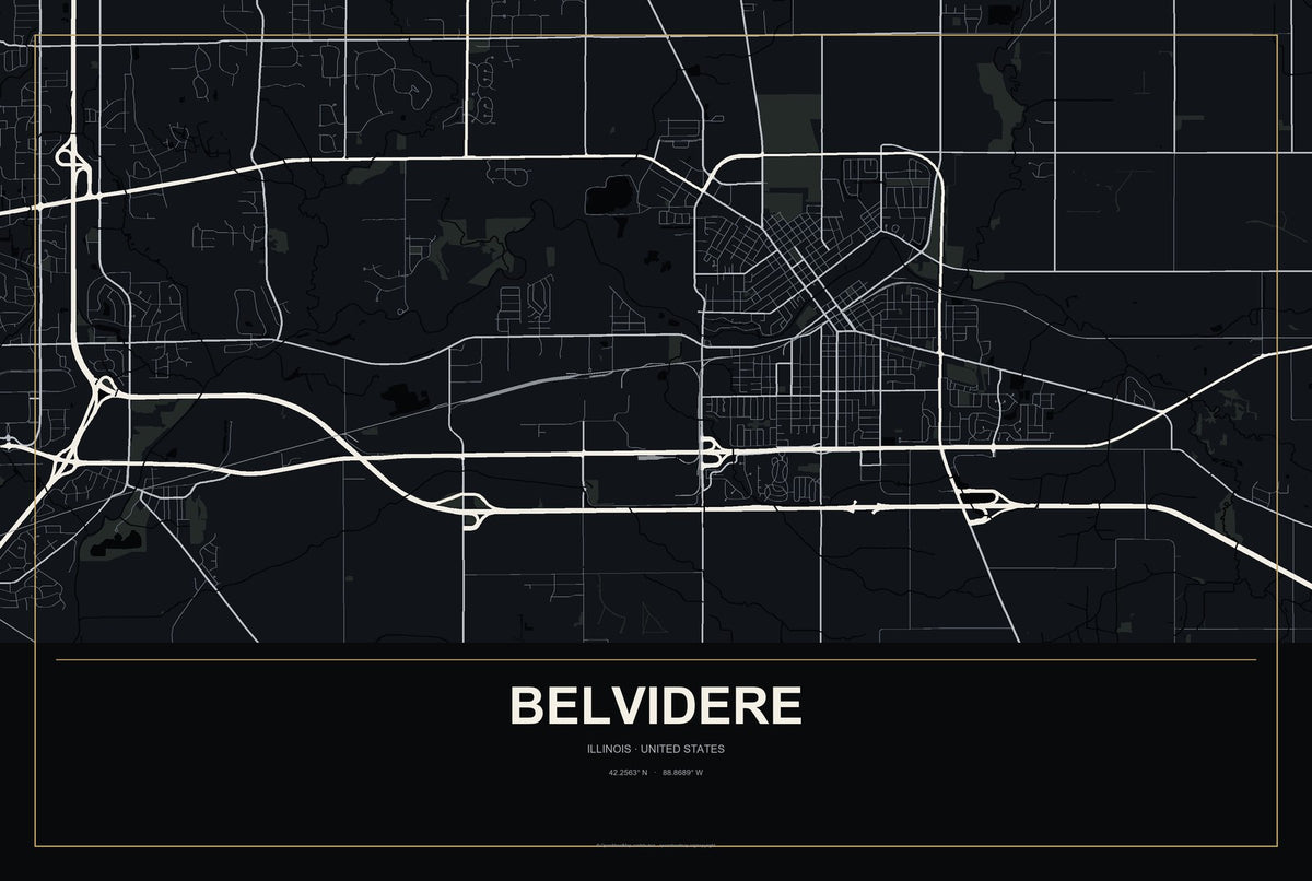 Belvidere, Illinois City Map Aluminum Sign in Metropolitan Noir style