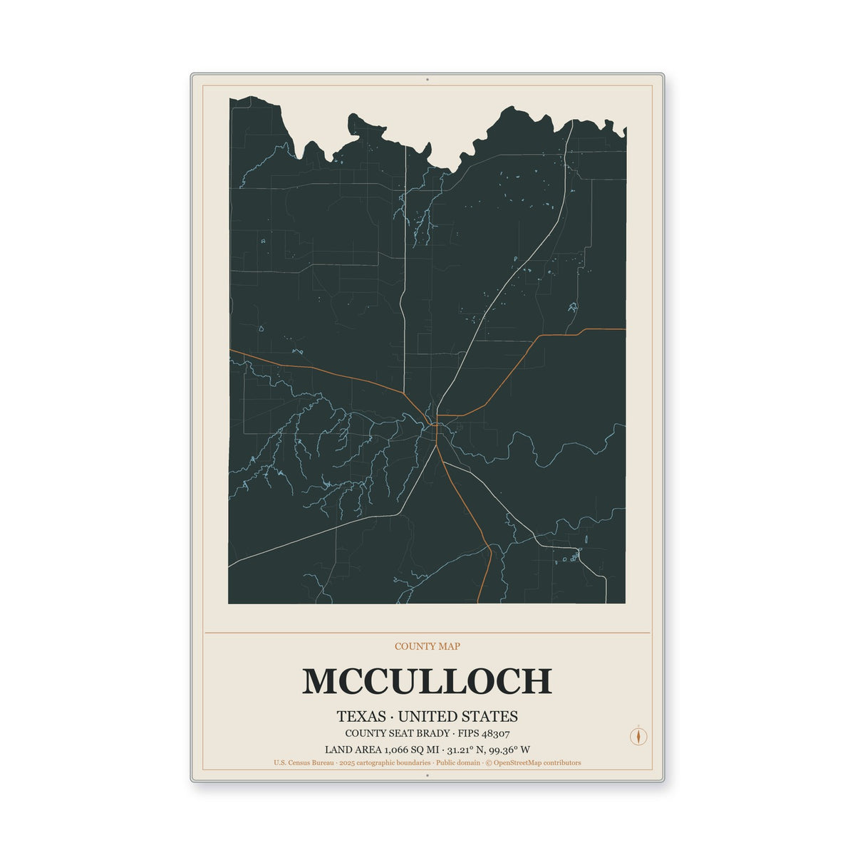 McCulloch County, Texas Map Aluminum Sign in Headline Atlas style