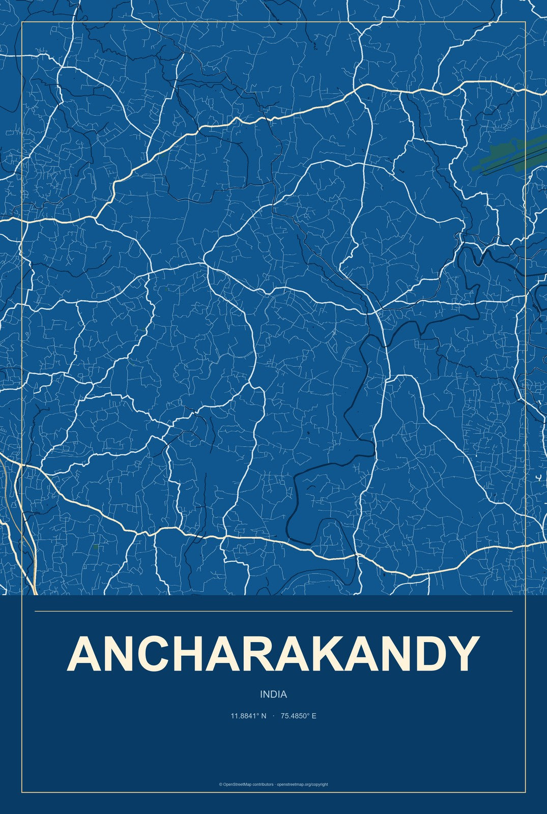 Ancharakandy, India City Map Aluminum Sign in Harbor Cobalt style