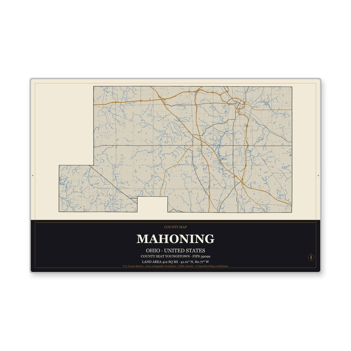 Mahoning County, Ohio Map Aluminum Sign in Museum Plaque style