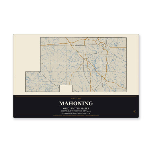 Mahoning County, Ohio Map Aluminum Sign in Museum Plaque style