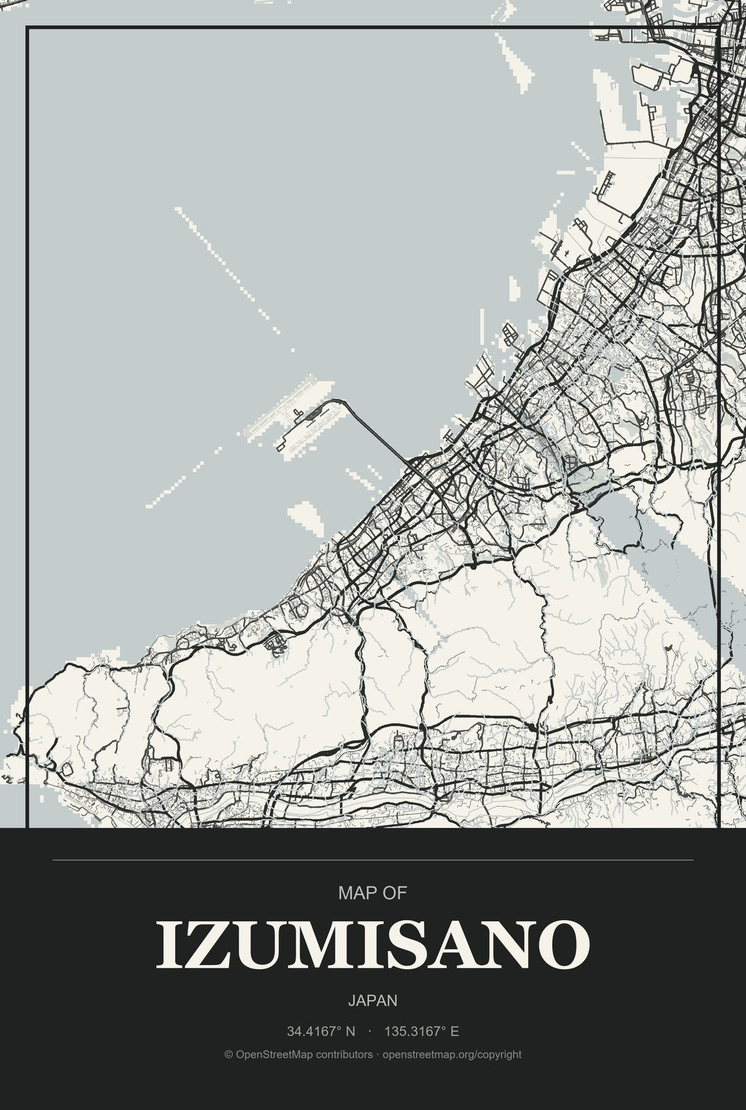 Izumisano, Japan City Map Aluminum Sign in Museum Plaque style
