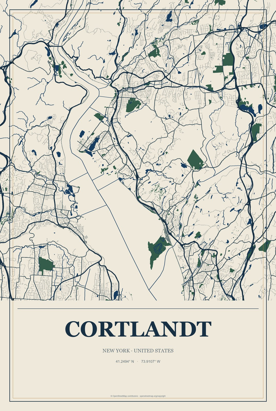 Cortlandt, New York City Map Aluminum Sign in Coastal Cutout style