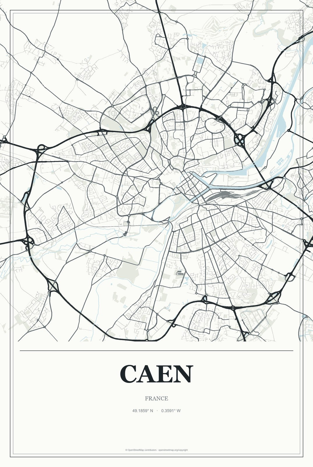 Caen, France City Map Aluminum Sign in Gallery Air style
