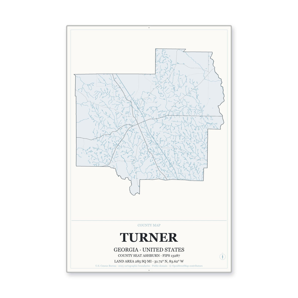 Turner County, Georgia Map Aluminum Sign in Gallery Air style