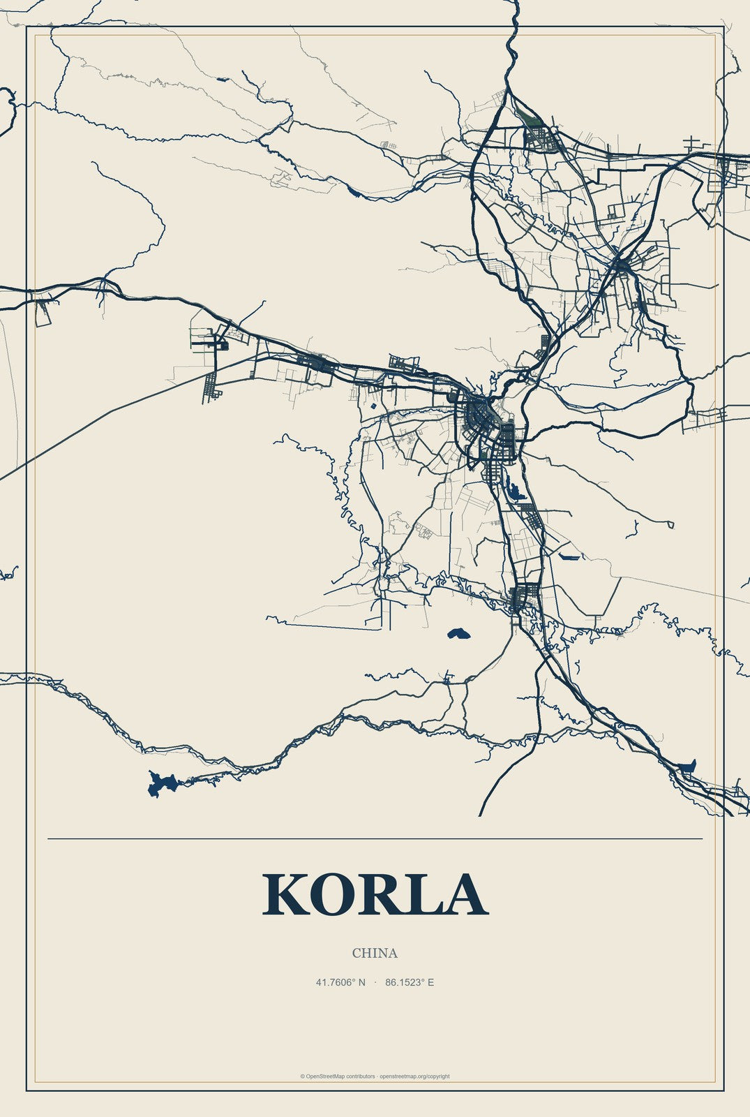 Korla, China City Map Aluminum Sign in Coastal Cutout style