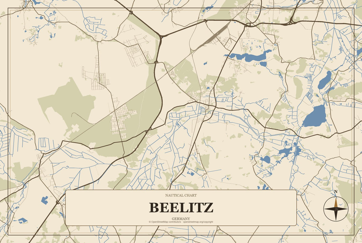 Beelitz, Germany City Map Aluminum Sign in Heritage Nautical style