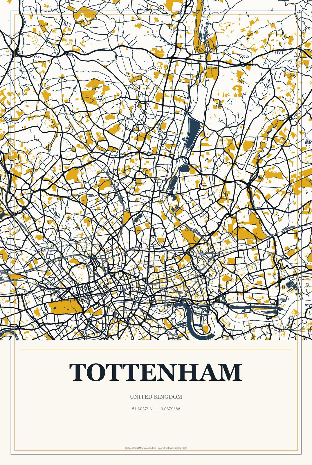 Tottenham, United Kingdom City Map Aluminum Sign in Citrine Modern style