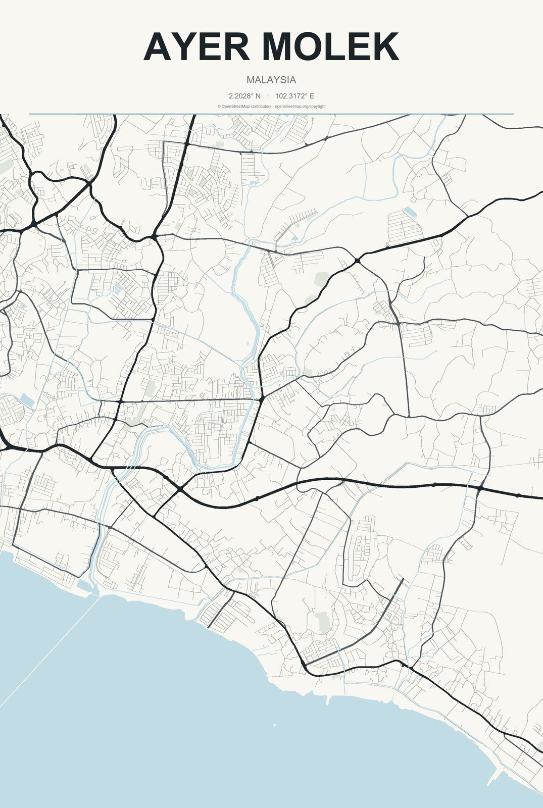 Ayer Molek, Malaysia City Map Aluminum Sign in Headline Atlas style