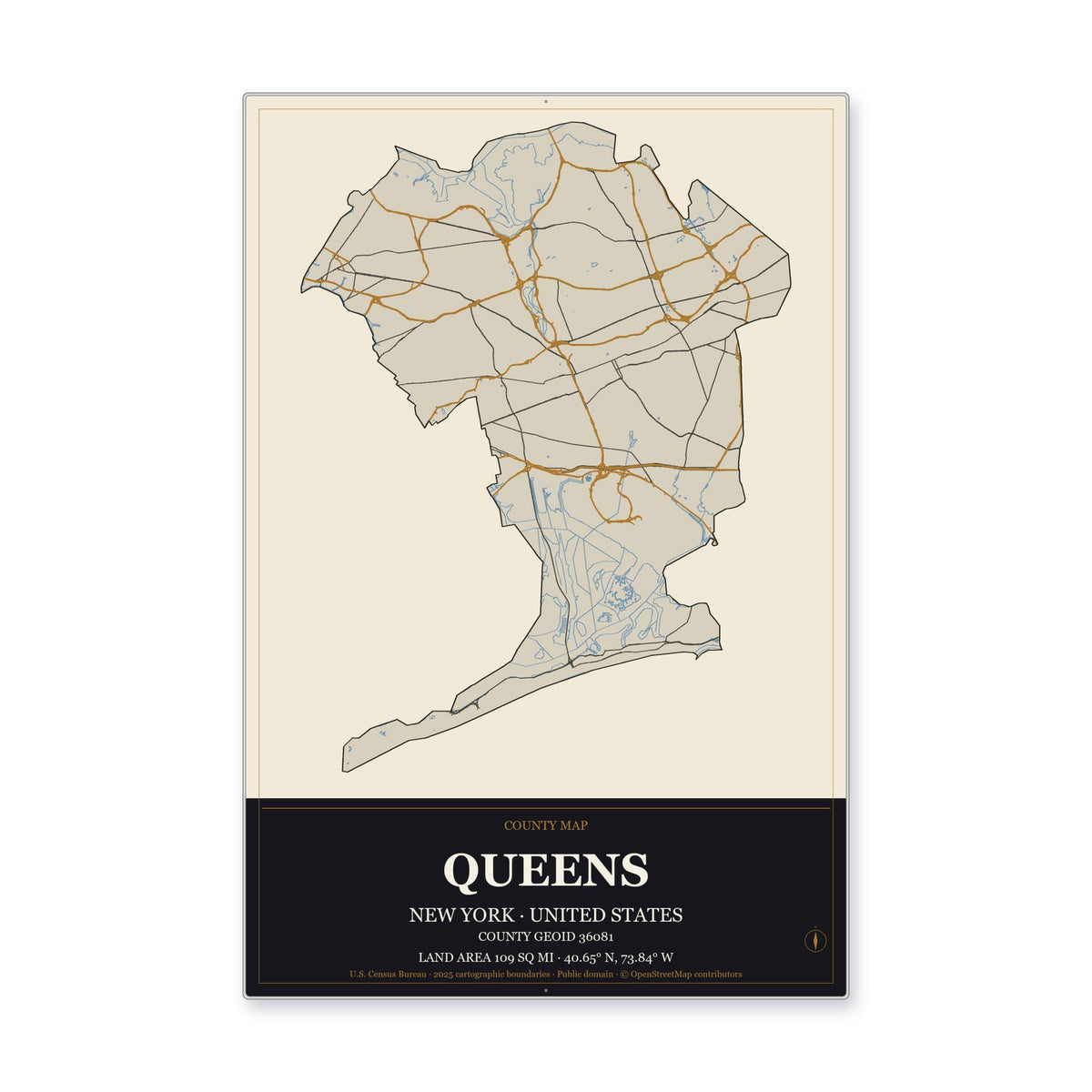 Queens County, New York Map Aluminum Sign in Museum Plaque style