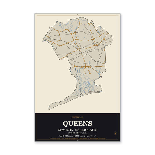 Queens County, New York Map Aluminum Sign in Museum Plaque style