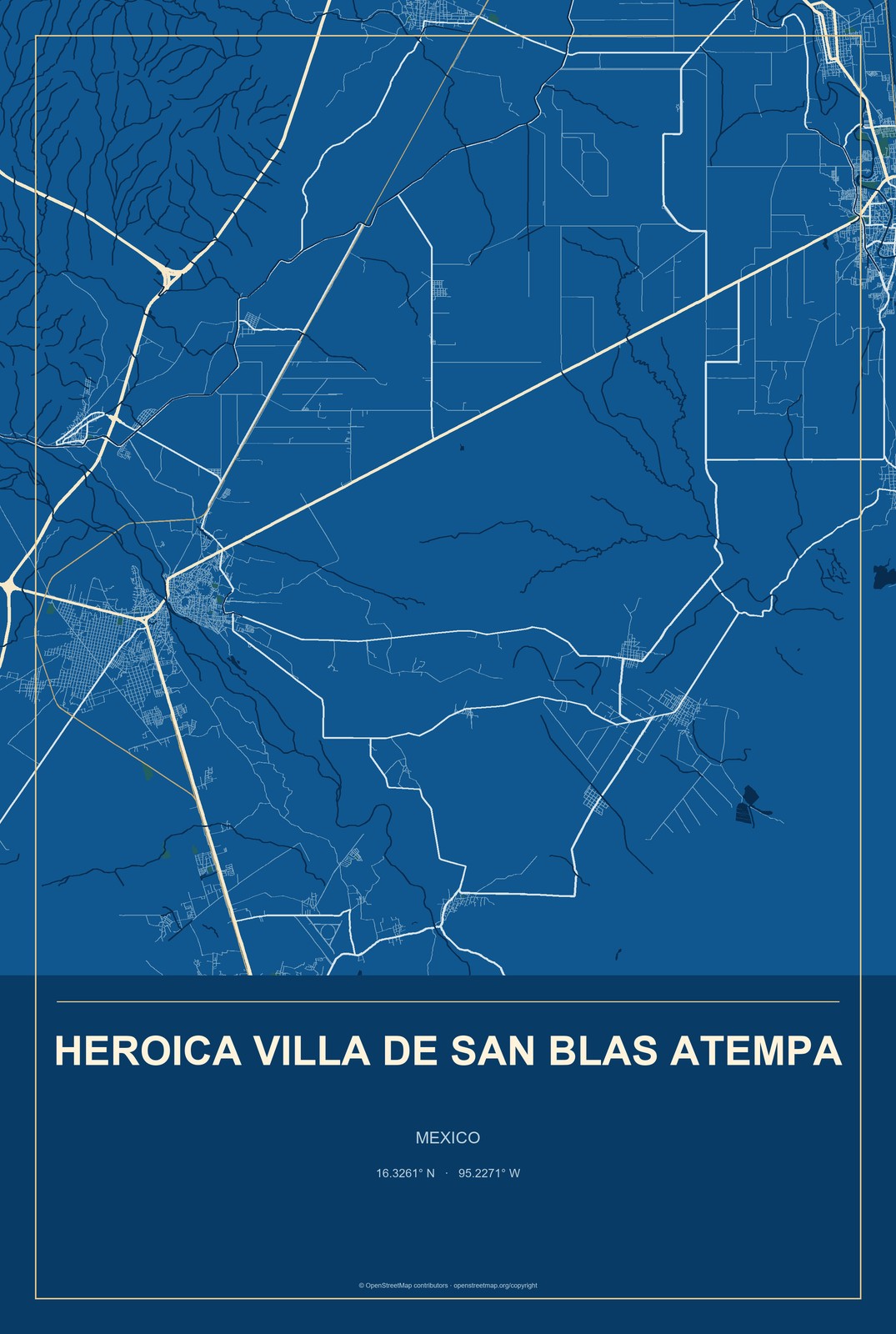 Heroica Villa de San Blas Atempa, Mexico City Map Aluminum Sign in Harbor Cobalt style