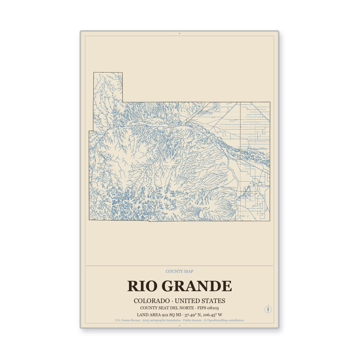 Rio Grande County, Colorado Map Aluminum Sign in Heritage Nautical style