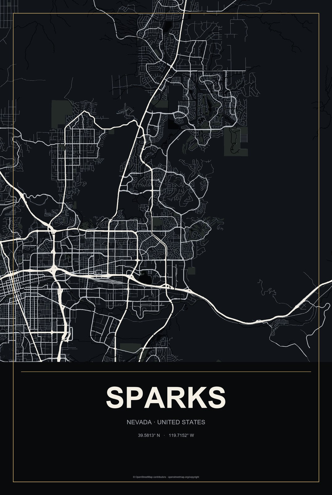 Sparks, Nevada City Map Aluminum Sign in Metropolitan Noir style