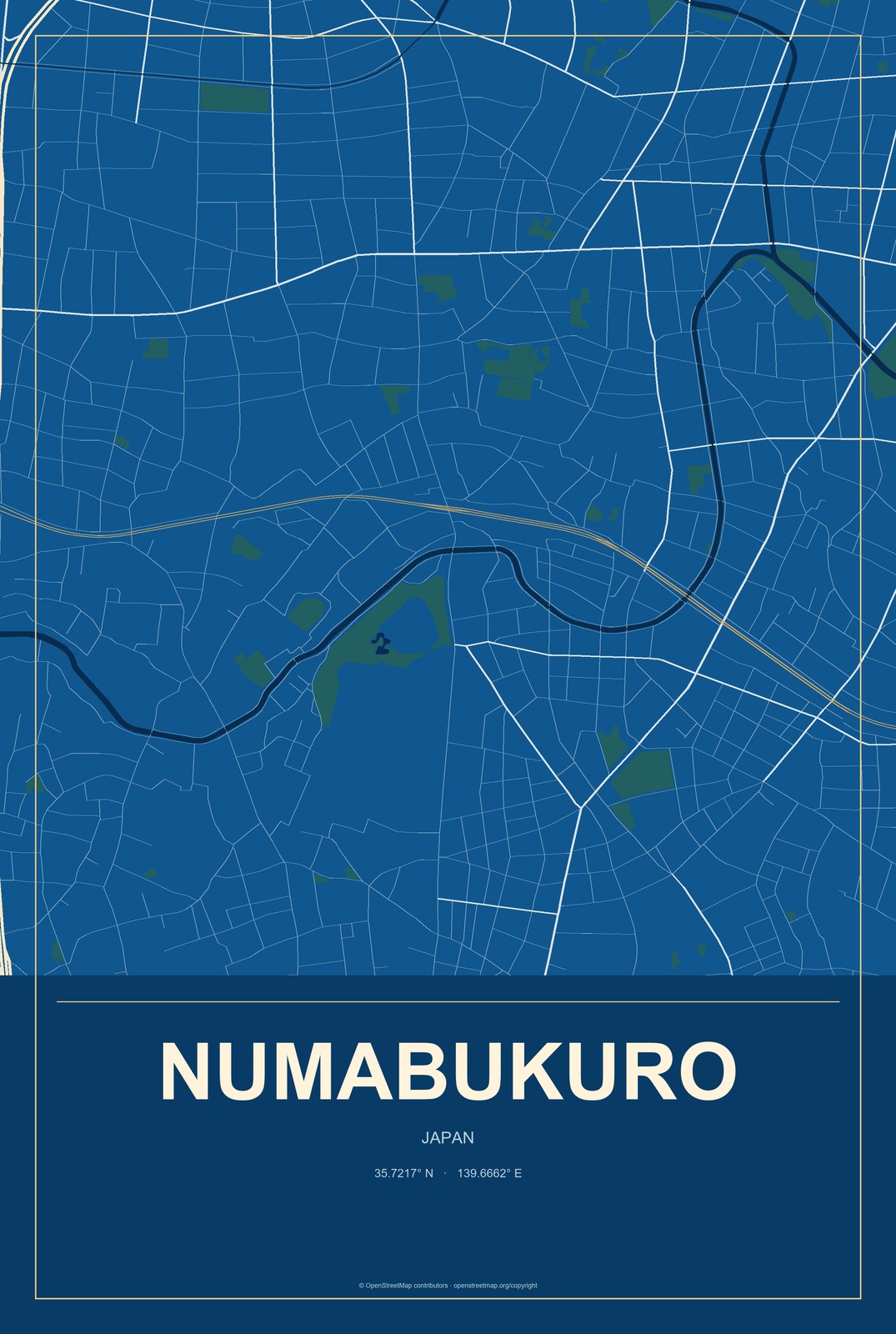 Numabukuro, Japan City Map Aluminum Sign in Harbor Cobalt style