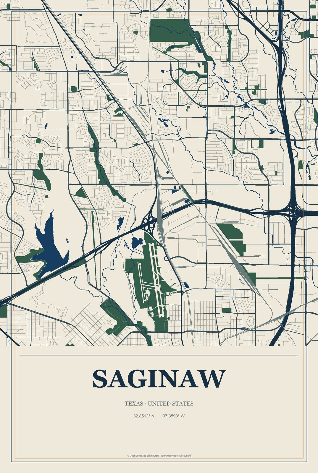 Saginaw, Texas City Map Aluminum Sign in Coastal Cutout style