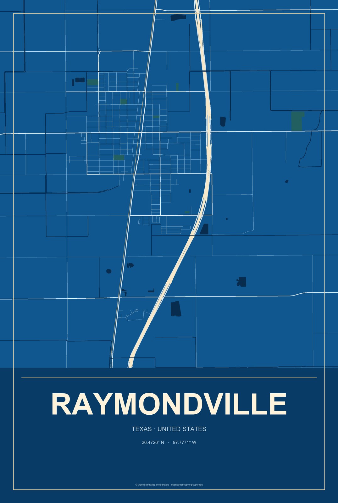 Raymondville, Texas City Map Aluminum Sign in Harbor Cobalt style