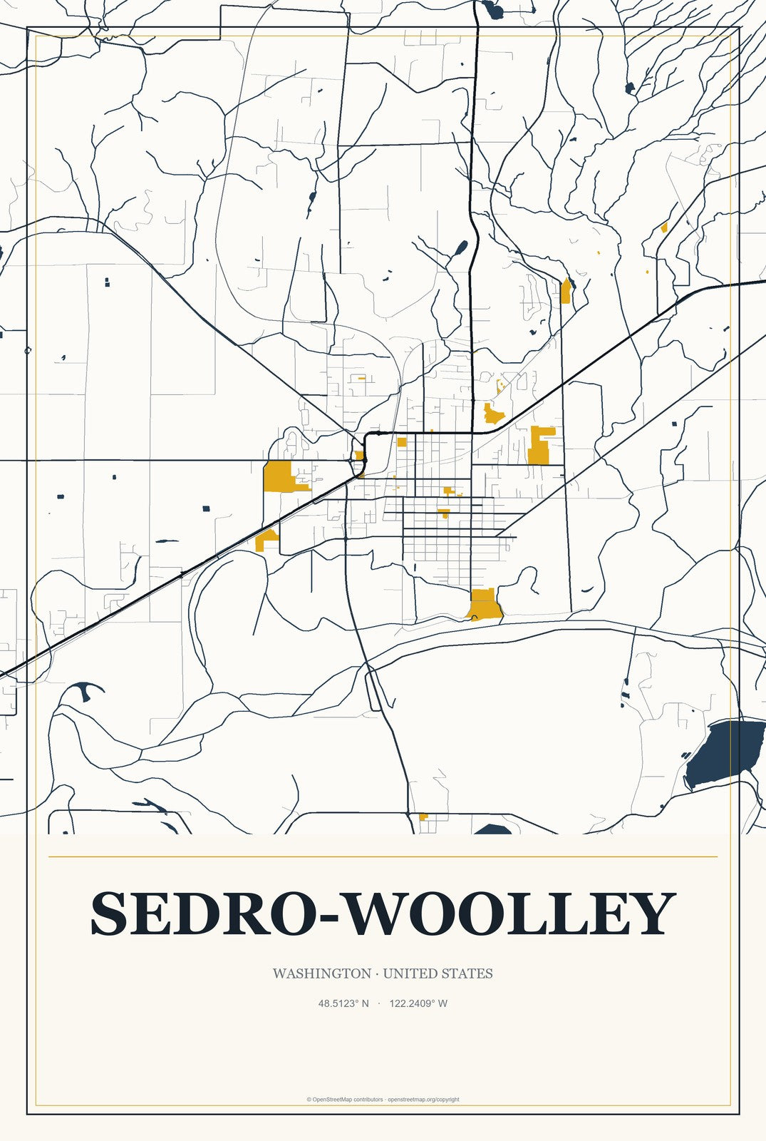 Sedro-Woolley, Washington City Map Aluminum Sign in Citrine Modern style