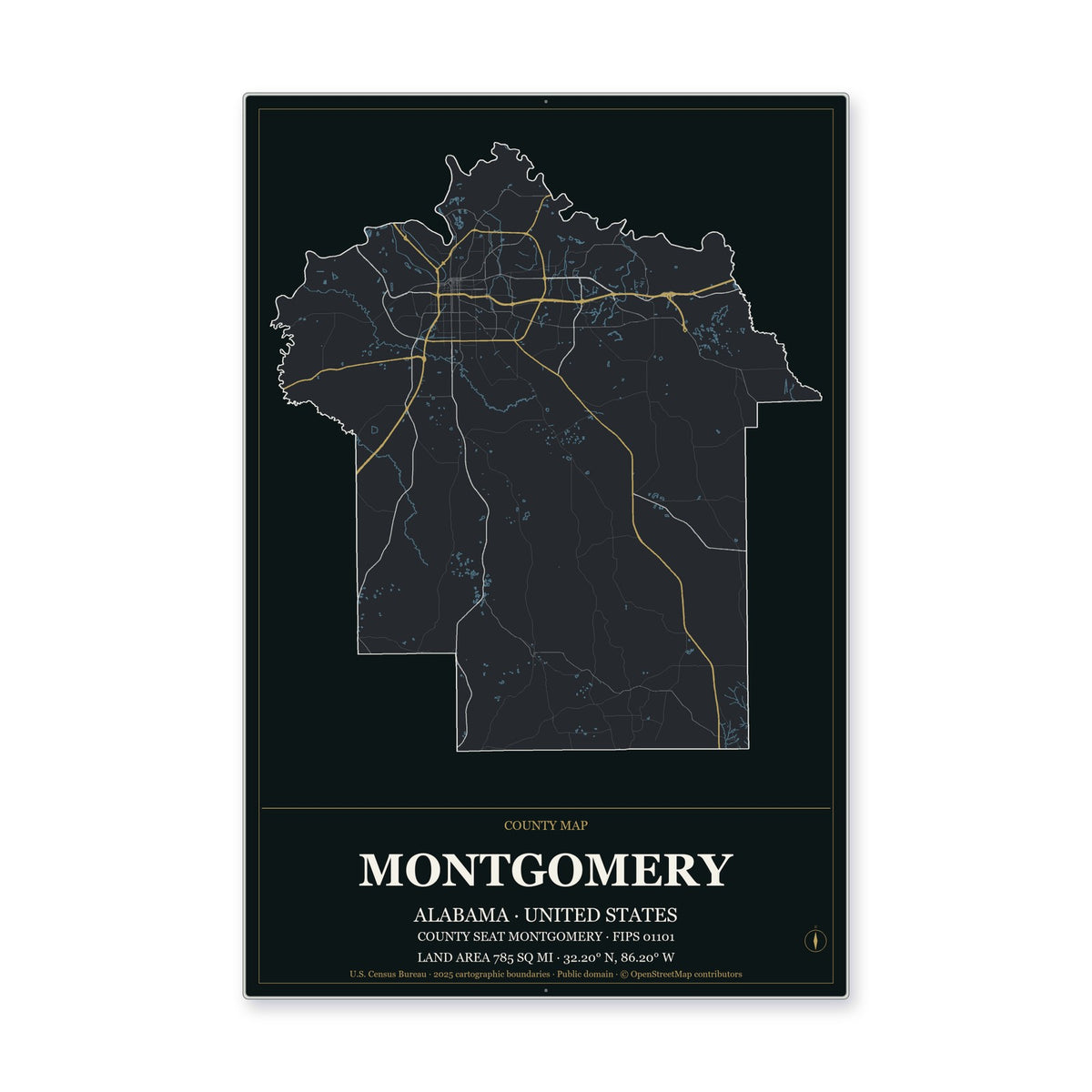 Montgomery County, Alabama Map Aluminum Sign in Metropolitan Noir style