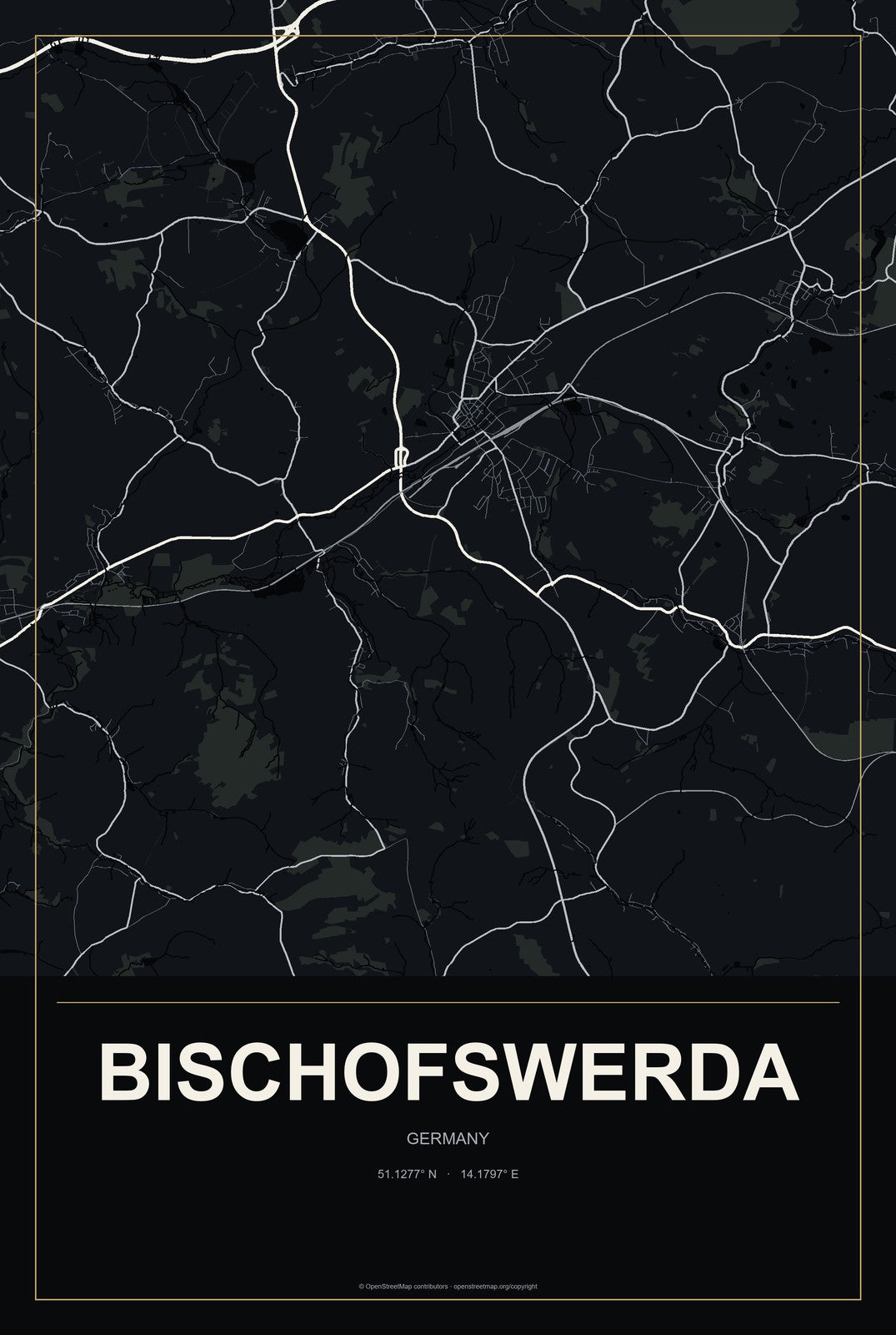 Bischofswerda, Germany City Map Aluminum Sign in Metropolitan Noir style