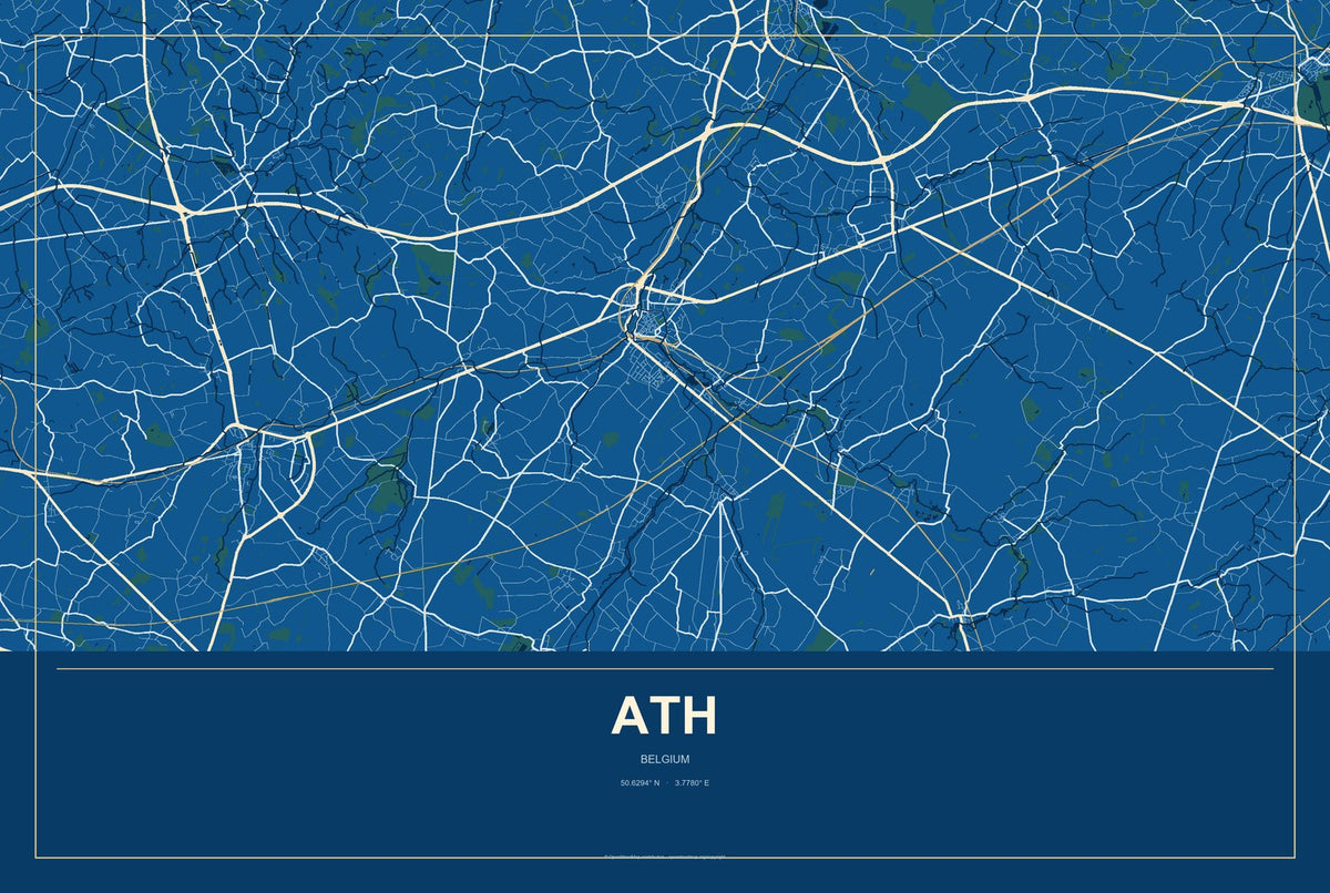 Ath, Belgium City Map Aluminum Sign in Harbor Cobalt style
