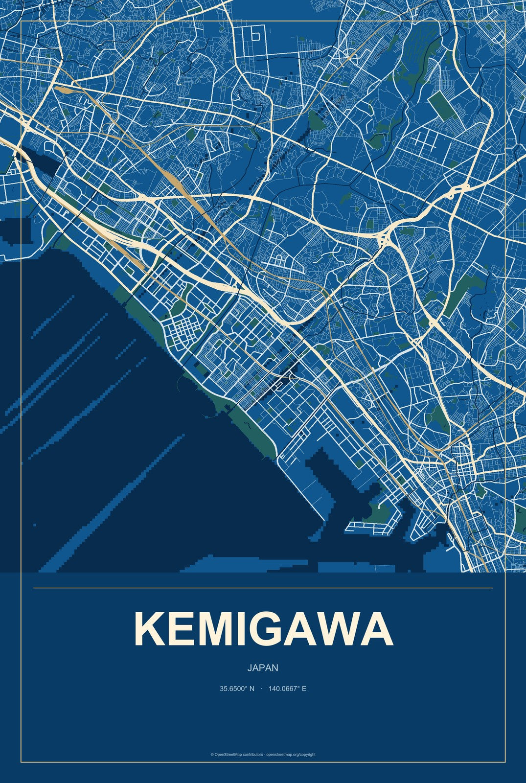 Kemigawa, Japan City Map Aluminum Sign in Harbor Cobalt style