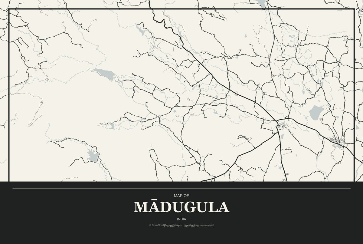 Mādugula, India City Map Aluminum Sign in Museum Plaque style