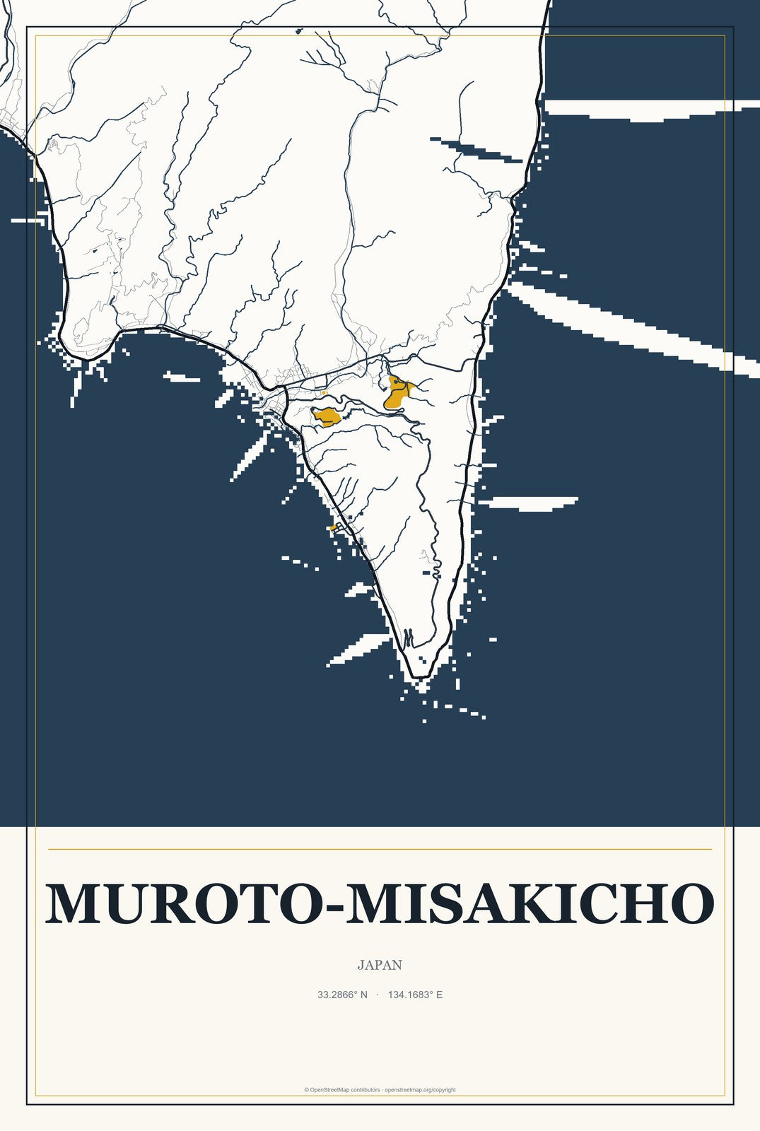 Muroto-misakicho, Japan City Map Aluminum Sign in Citrine Modern style
