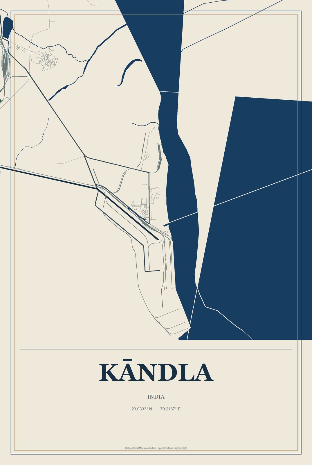 Kāndla, India City Map Aluminum Sign in Coastal Cutout style