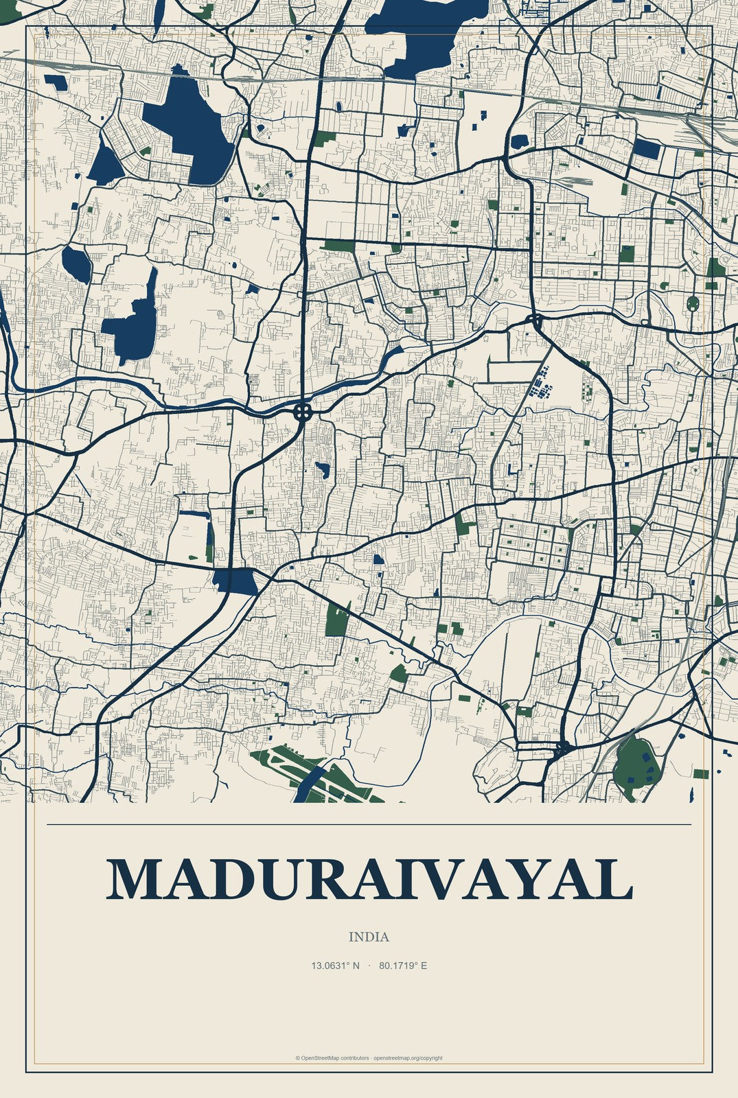 Maduraivayal, India City Map Aluminum Sign in Coastal Cutout style