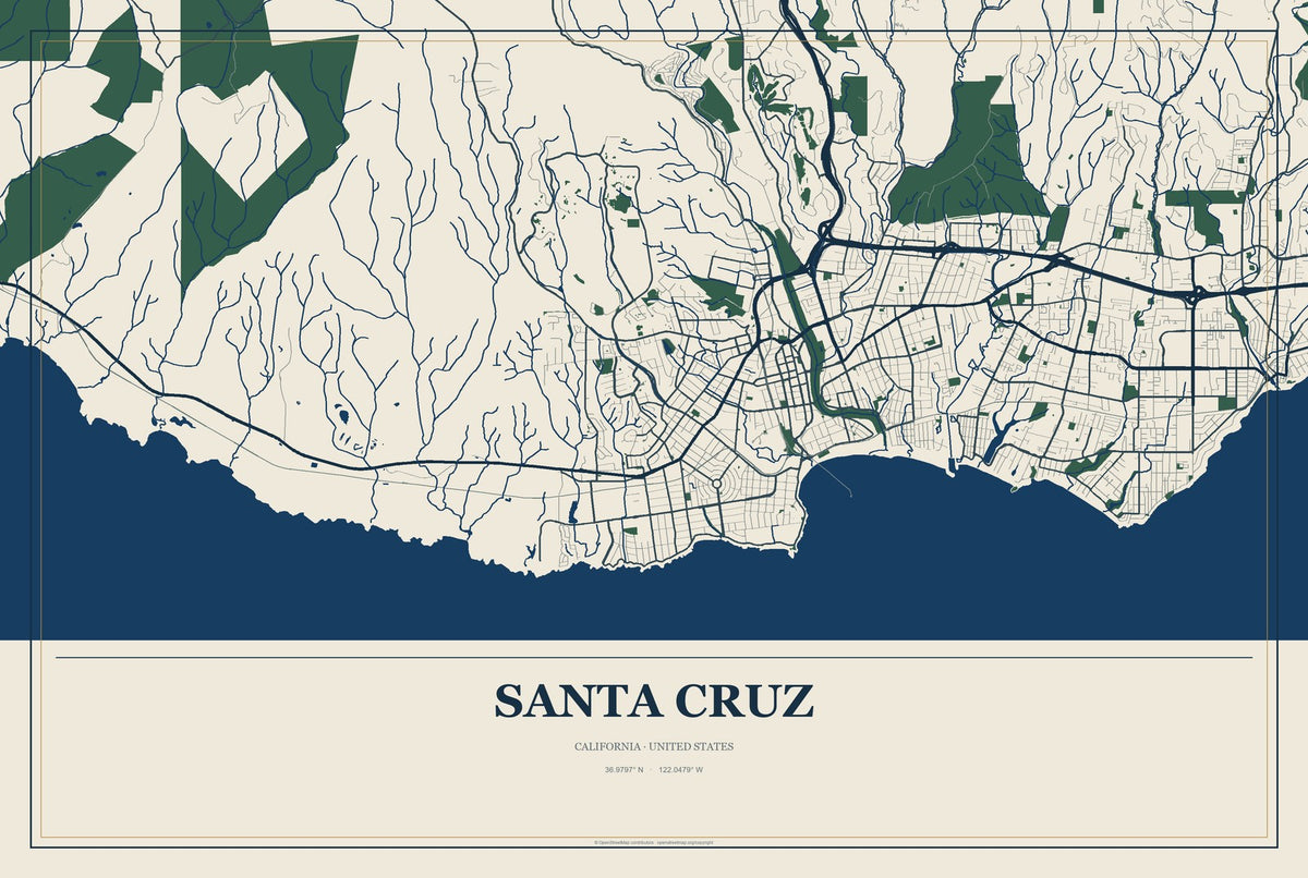 Santa Cruz, California City Map Aluminum Sign in Coastal Cutout style