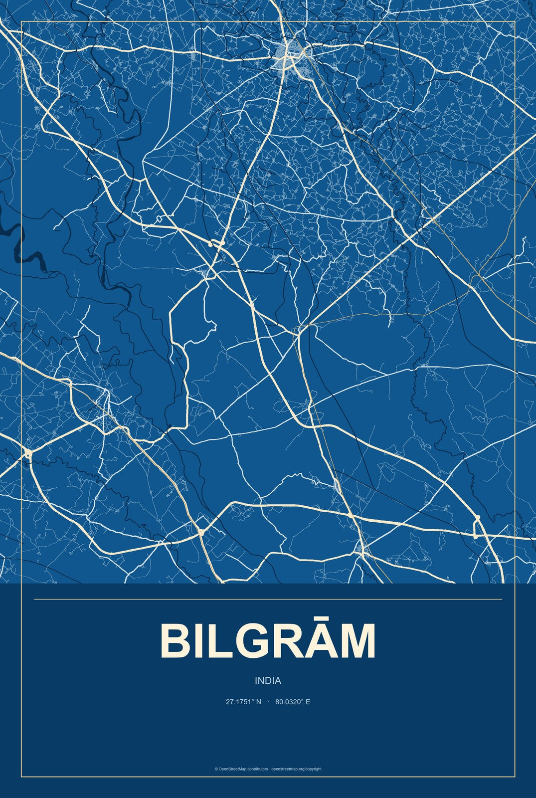 Bilgrām, India City Map Aluminum Sign in Harbor Cobalt style