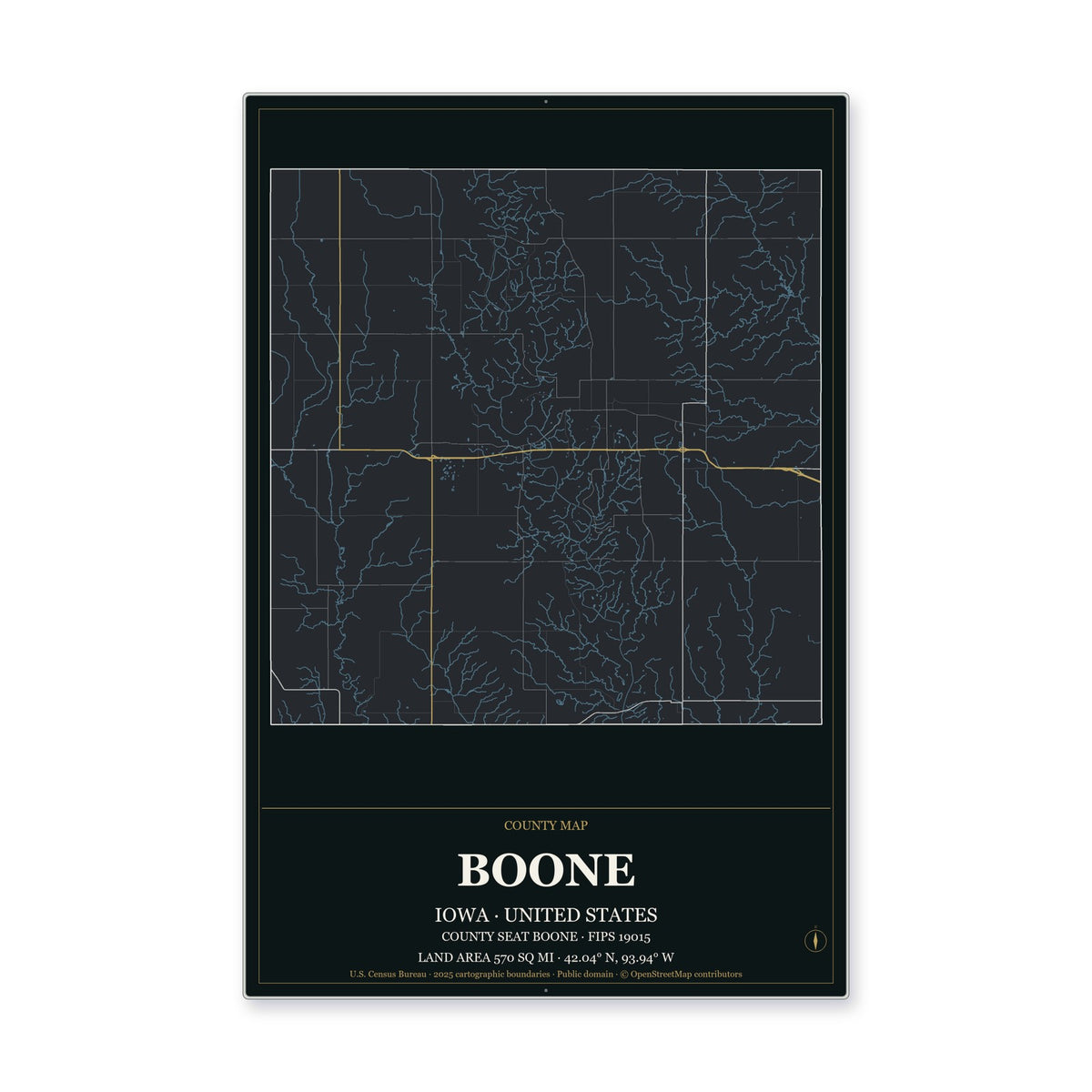 Boone County, Iowa Map Aluminum Sign in Metropolitan Noir style