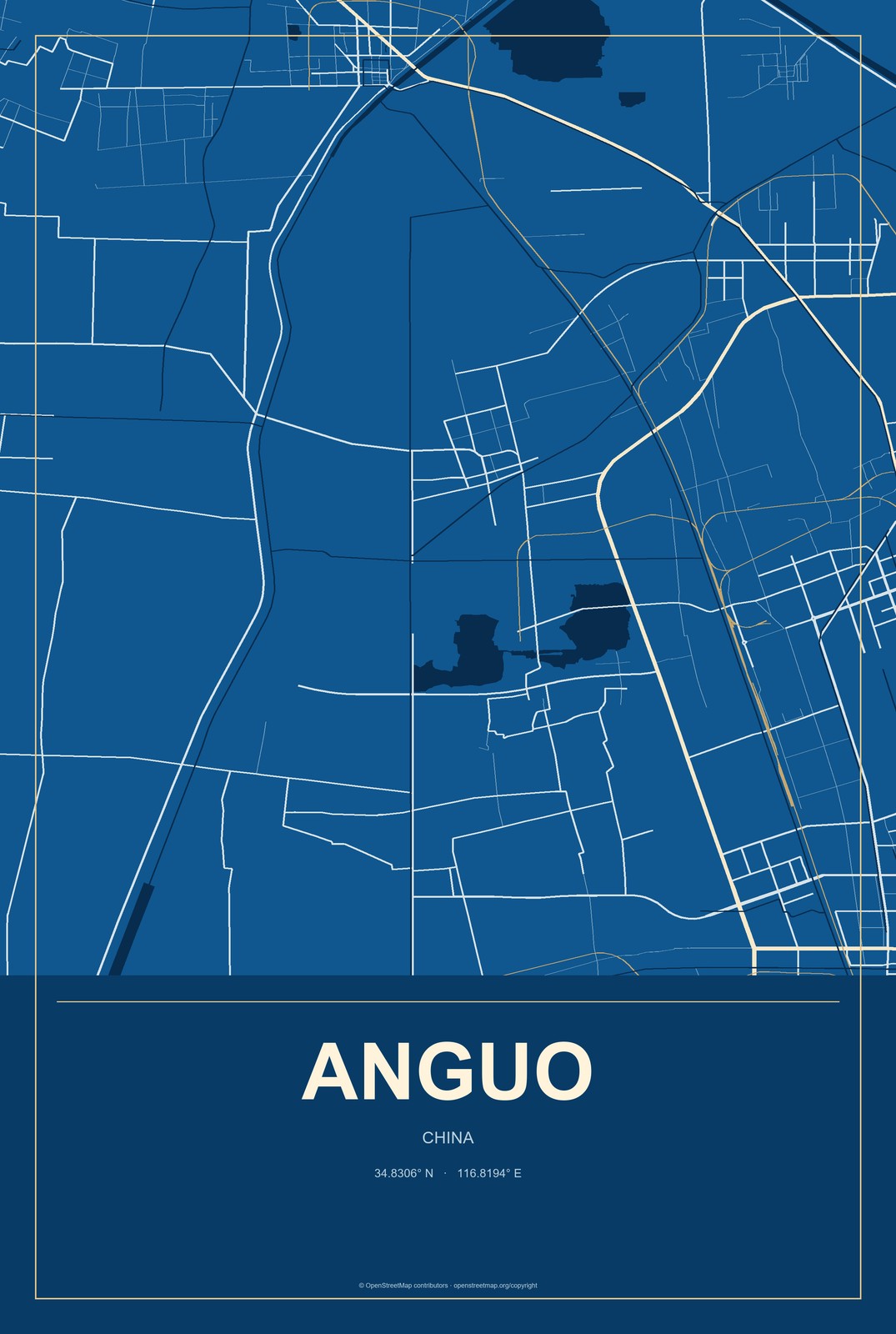 Anguo, China City Map Aluminum Sign in Harbor Cobalt style