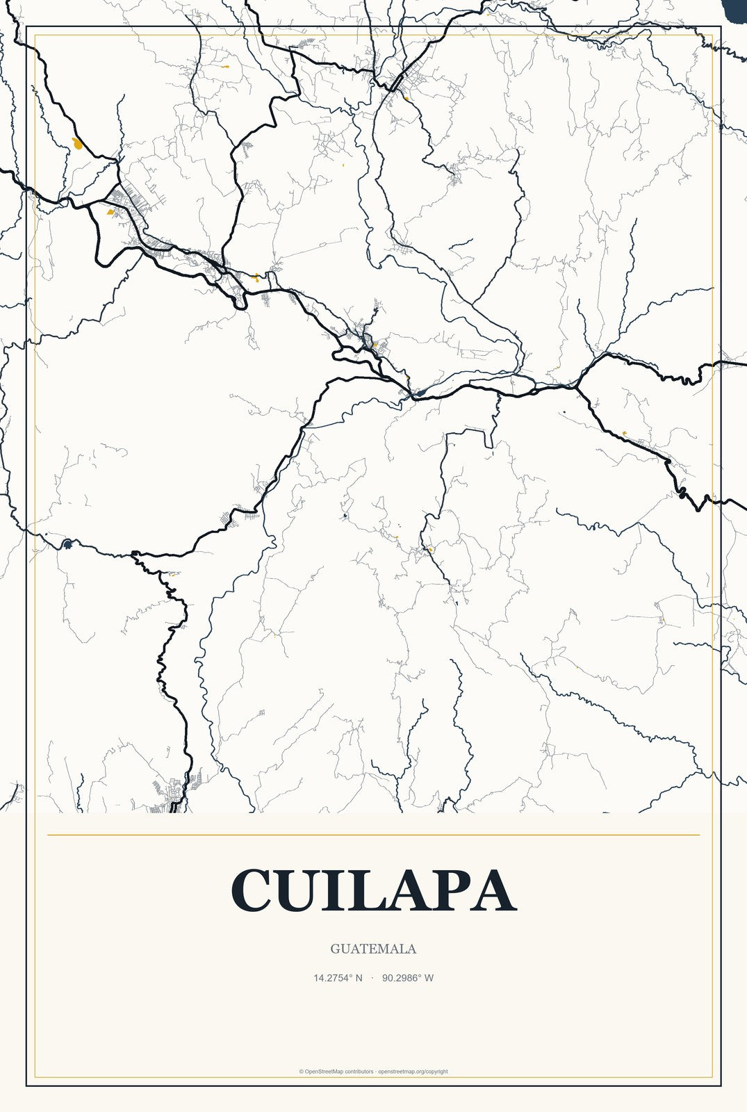 Cuilapa, Guatemala City Map Aluminum Sign in Citrine Modern style