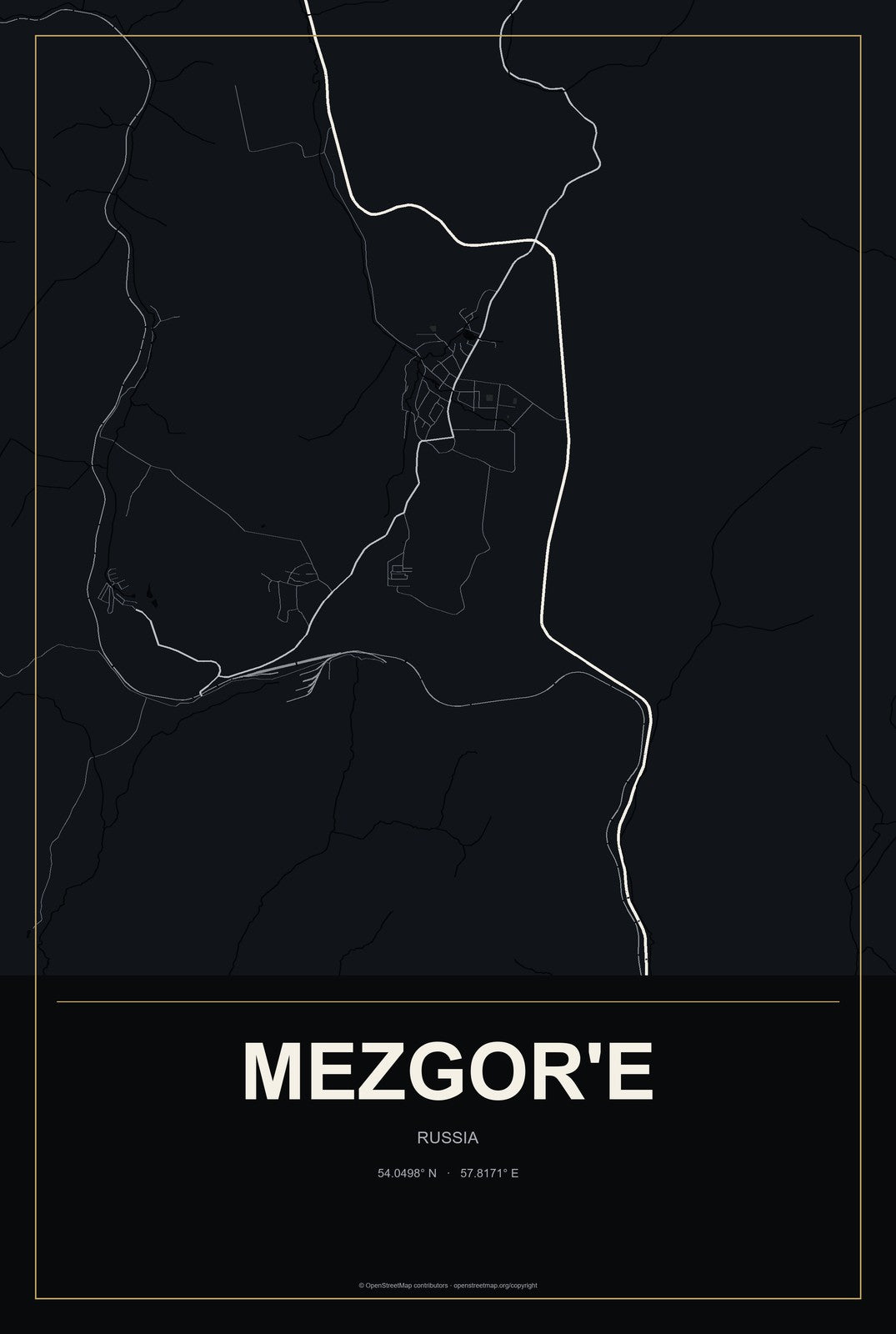Mezgor'e, Russia City Map Aluminum Sign in Metropolitan Noir style