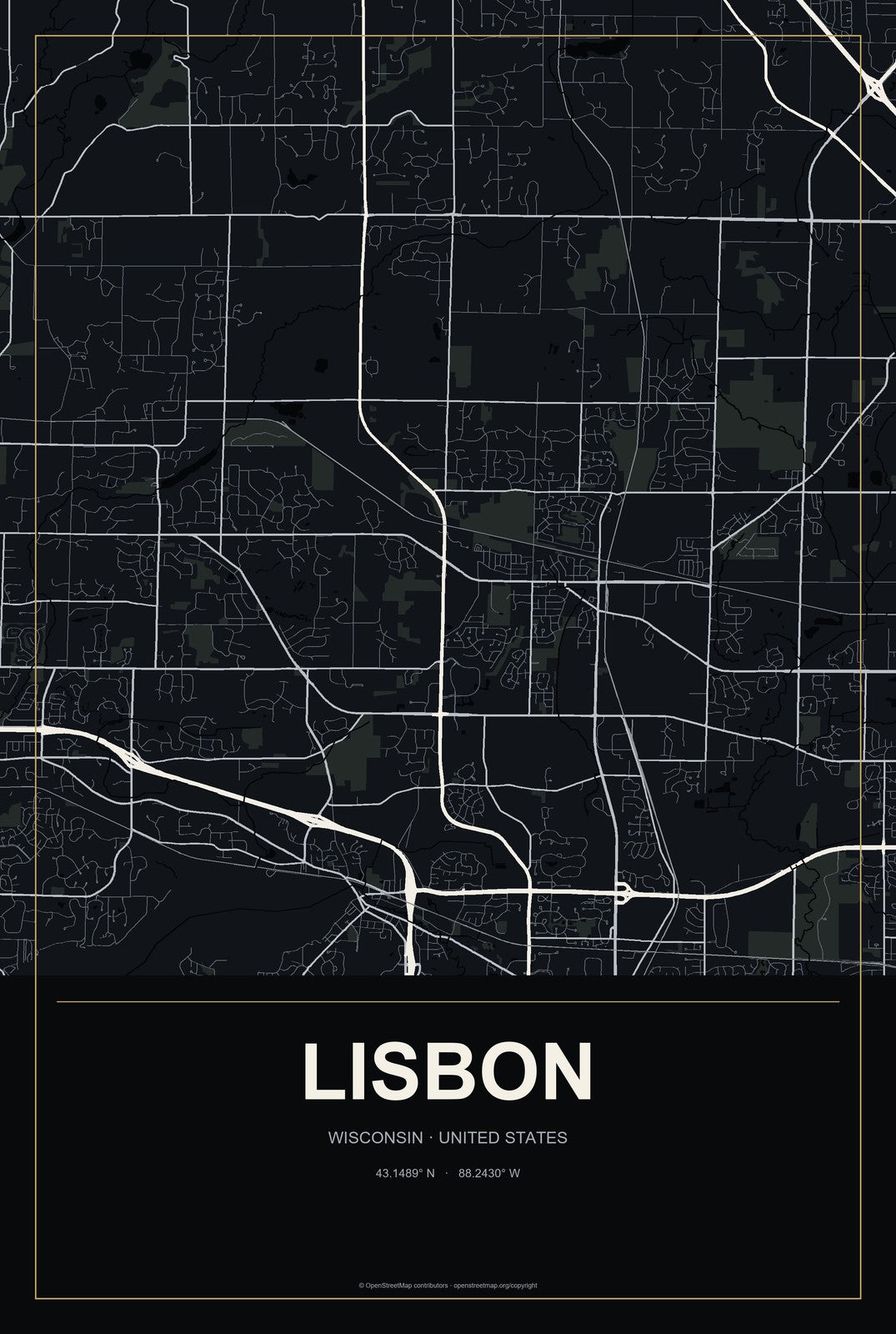 Lisbon, Wisconsin City Map Aluminum Sign in Metropolitan Noir style
