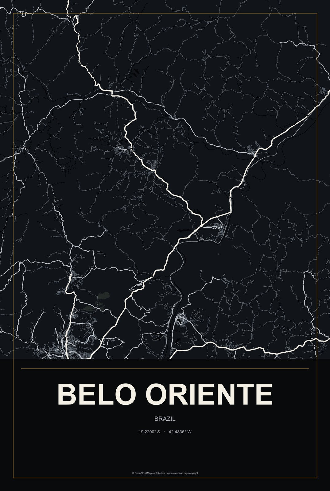 Belo Oriente, Brazil City Map Aluminum Sign in Metropolitan Noir style