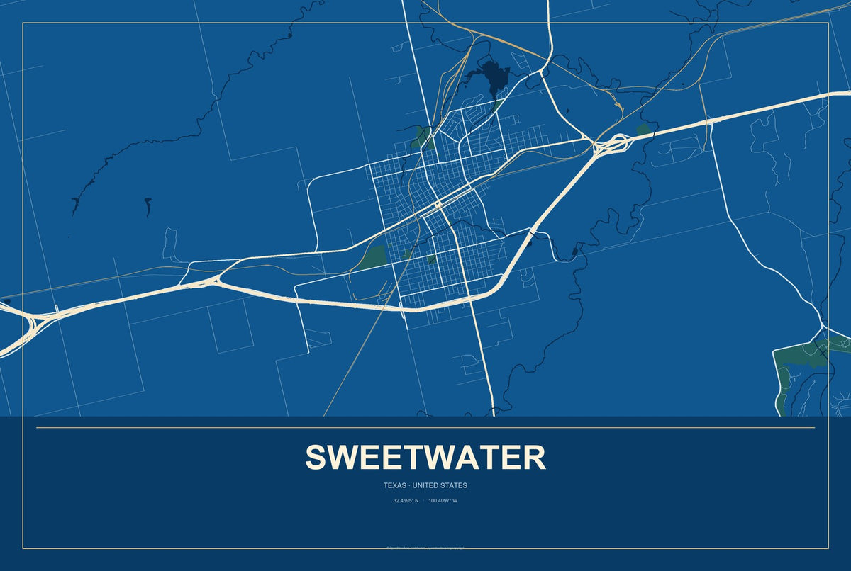 Sweetwater, Texas City Map Aluminum Sign in Harbor Cobalt style
