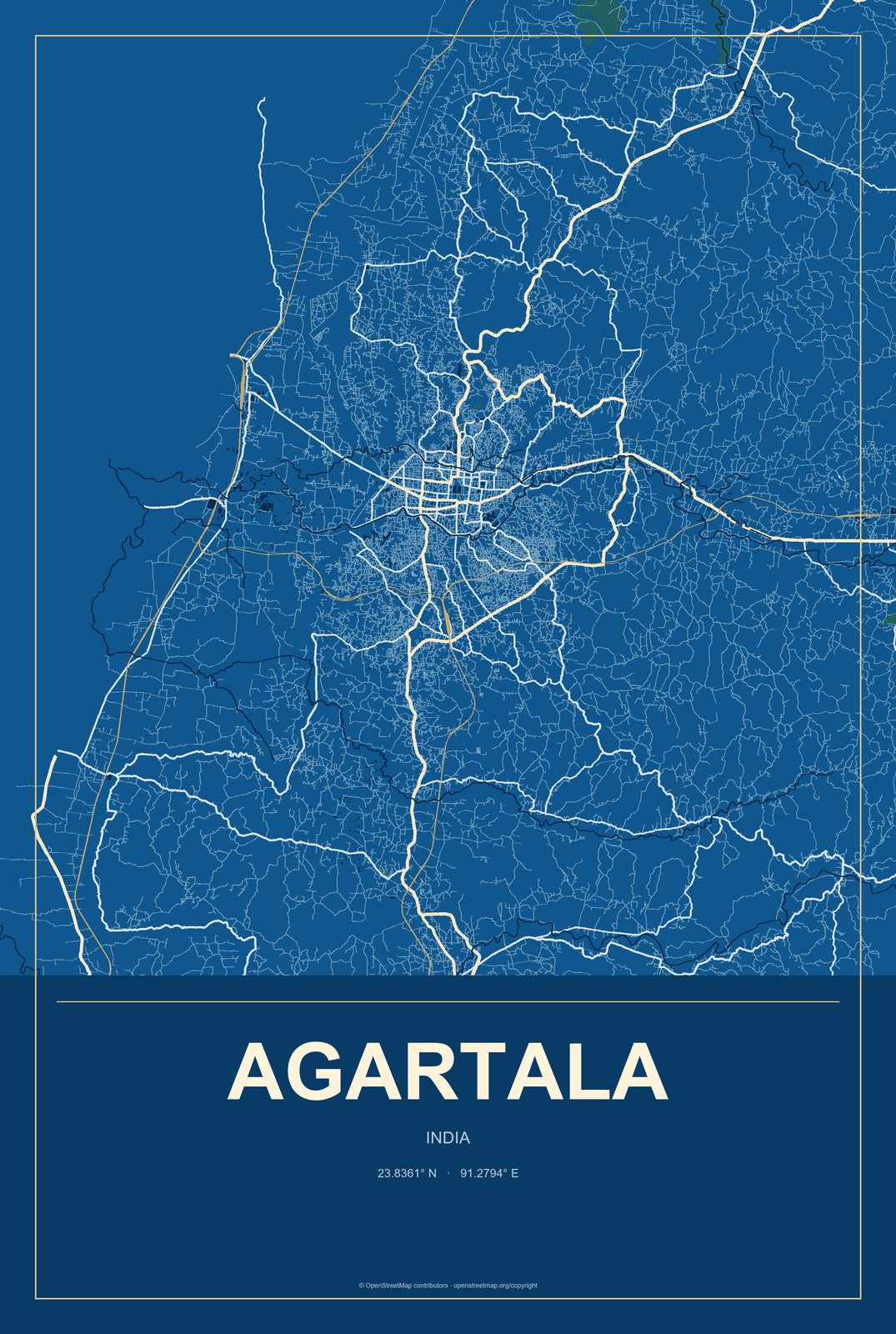 Agartala, India City Map Aluminum Sign in Harbor Cobalt style