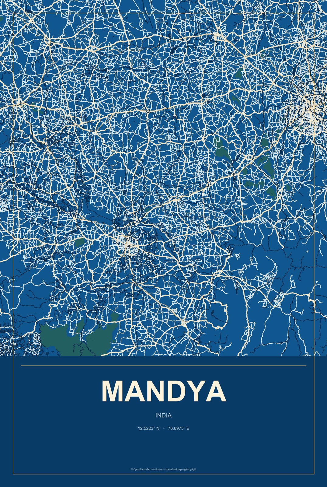Mandya, India City Map Aluminum Sign in Harbor Cobalt style