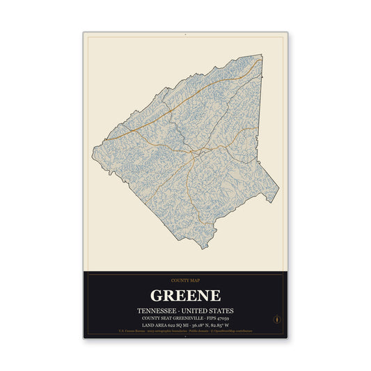 Greene County, Tennessee Map Aluminum Sign in Museum Plaque style