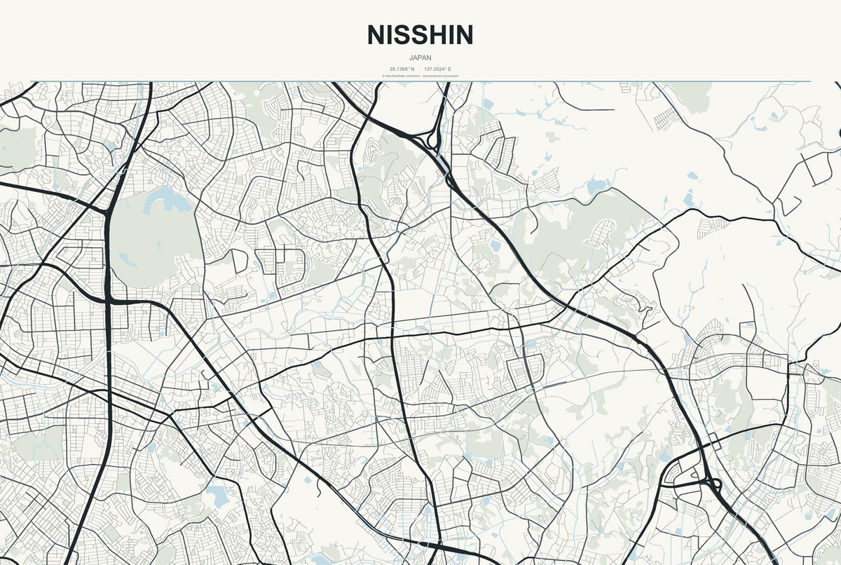 Nisshin, Japan City Map Aluminum Sign in Headline Atlas style