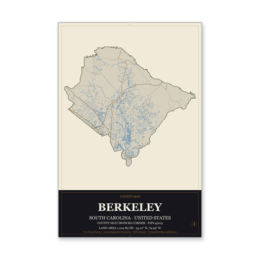 Berkeley County, South Carolina Map Aluminum Sign in Museum Plaque style