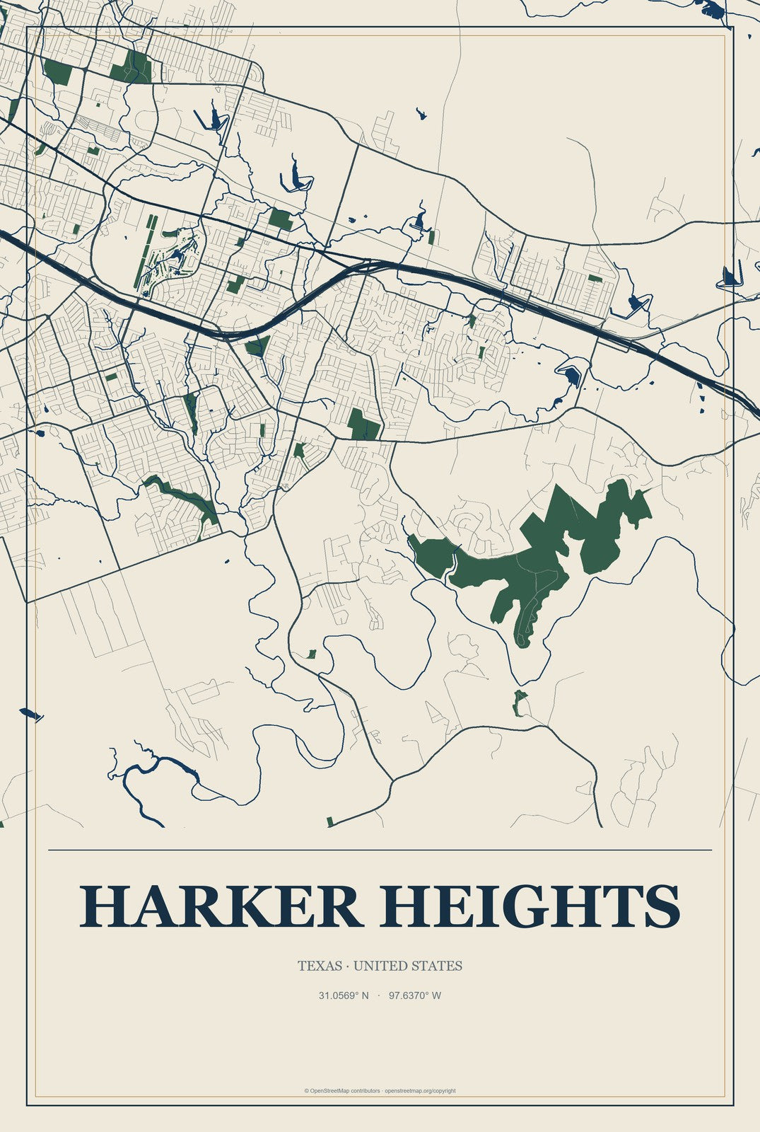 Harker Heights, Texas City Map Aluminum Sign in Coastal Cutout style