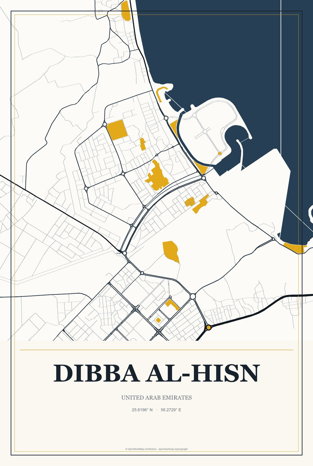 Dibba Al-Hisn, United Arab Emirates City Map Aluminum Sign in Citrine Modern style