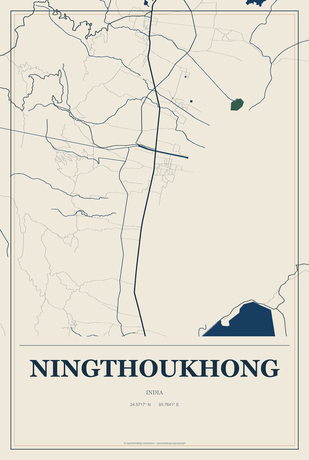 Ningthoukhong, India City Map Aluminum Sign in Coastal Cutout style