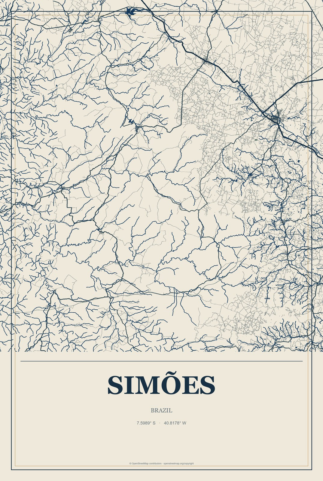 Simões, Brazil City Map Aluminum Sign in Coastal Cutout style
