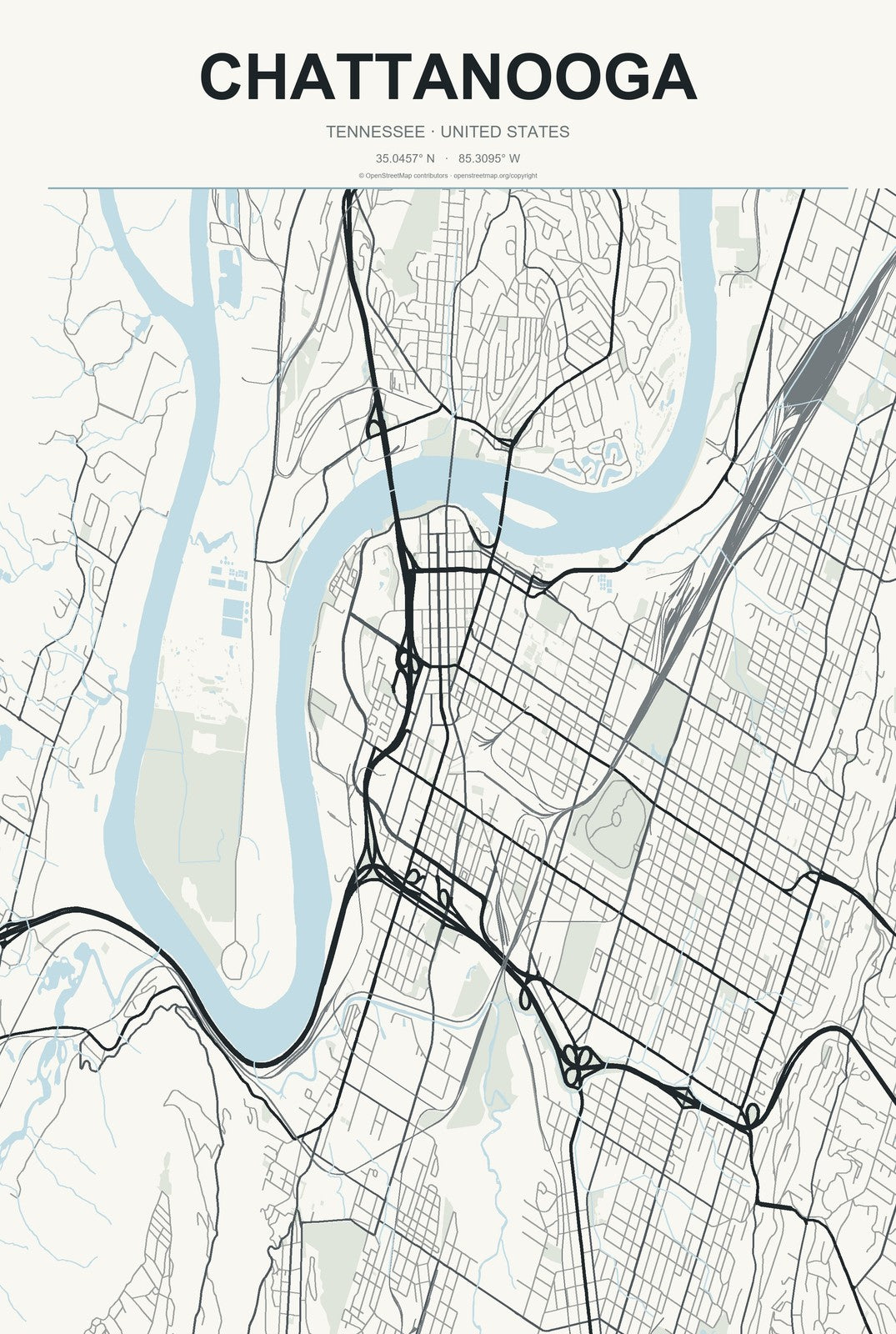 Chattanooga, Tennessee City Map Aluminum Sign in Headline Atlas style